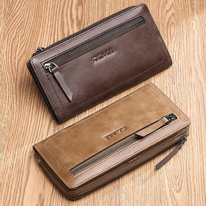 Men FALANMULE Genuine Leather Zipper Long Wallet Retro Card Holder Coin Purse