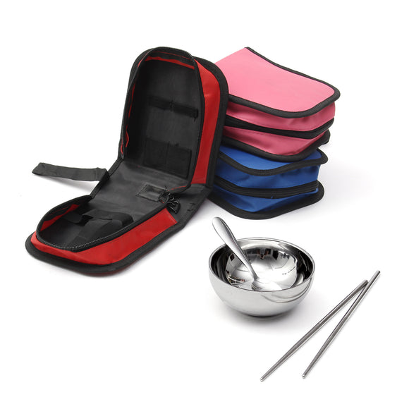 IPRee Outdoor 3 Pcs Sets Portable Stainless Steel Bowl Chopsticks Spoon Storage Bag