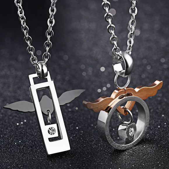 2Pcs Trendy Stainless Steel Love of Angel Couple Necklace Gift for Men Women