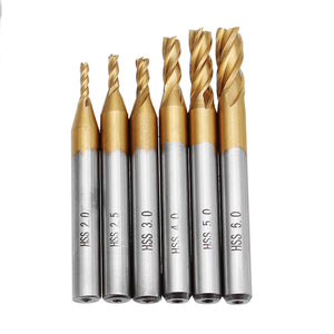 Drillpro 6pcs 2-6mm Titanium Coating HSS 4 Flute End Mill Cutter 6mm Shank CNC Drill Bit Set