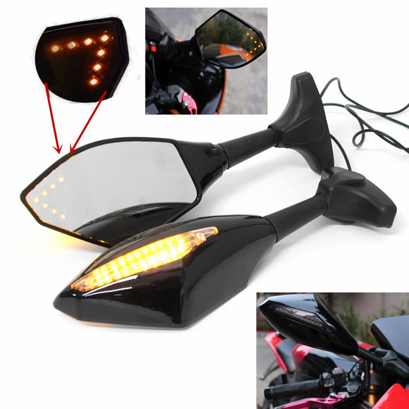 Pair Motorcycle LED Arrow Turn Signal Rear View Mirrors For Honda/Suzuki/Kawasaki/Yamaha