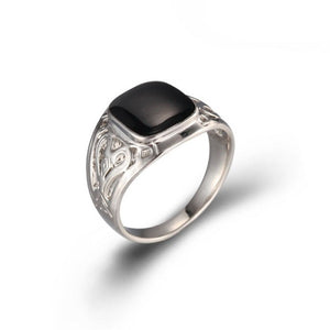 Punk 316L Stainless Steel Carved Simulated Onyx Black Glaze Band Ring Gift for Men