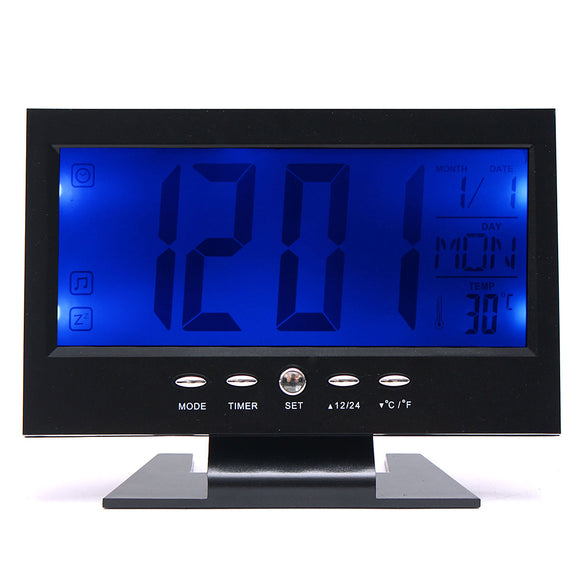 LCD Digital Table Clock + Calendar Temperature Alarm Sound Sensor Light Up Black