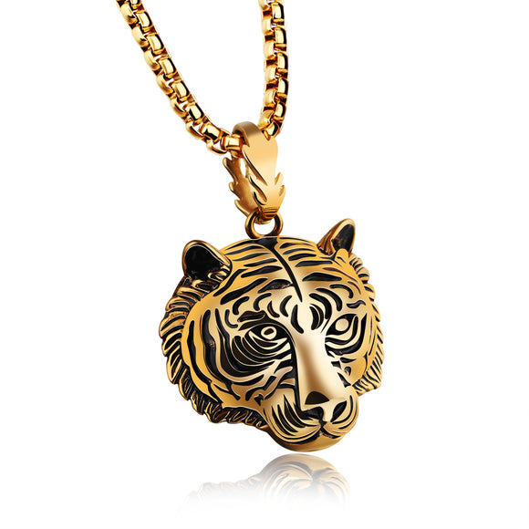 Men's Punk Gold Black Tiger Stainless Steel Long Necklace Hip-hop Accessory