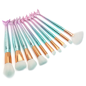 LUCKYFINE 10Pcs Mermaid Multicolor Makeup Brushes Set Eyeshadow Powder Foundation Cosmetic Kit