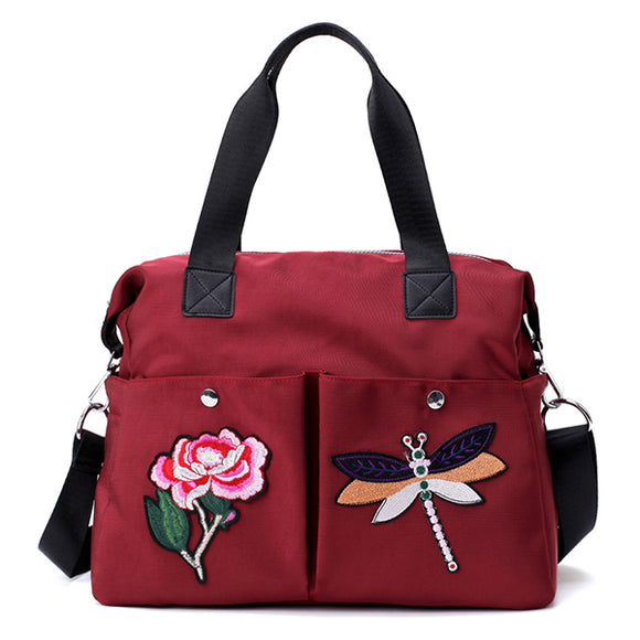 Women Nylon Vintage Dragonfly Embroidery Tote Bag Crossbody Bag