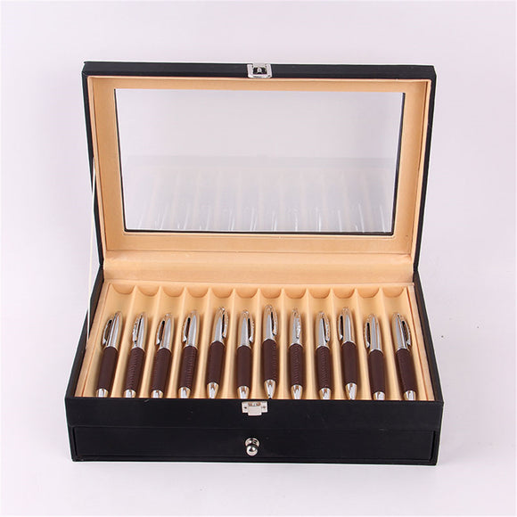 24 Pens Fountain Display Case Holder PU Leather Storage Collector Organizer Box Desktop Organizer