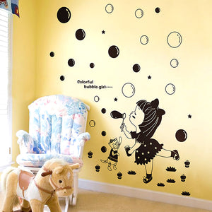 Kids Black Room Decor Little Girl Blowing Bubbles Wall Stickers Girls Room Removable Wall Stickers