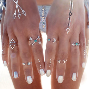 6Pcs Bohemia Vintage Turquoise Moon Arrow Set Rings Knuckle Rings