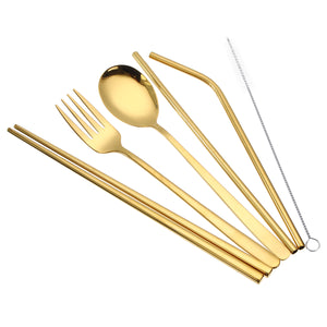 Golden Stainless Steel Spoon Fork Straw Set Chopsticks with Cleaning Brush