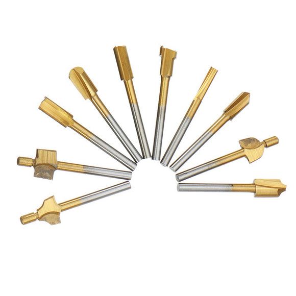 10pcs Titanium Coating Wood Router Bits Rotary File Burr Drill Bits for Engraving Milling
