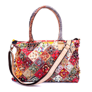 Women Genuine Leather Flower Patchwork Shoulder Bag Handbag Crossbody Bag