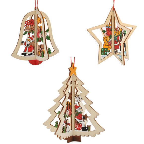 Christmas 3D Wooden Pendant Star Bell Tree Hang Ornaments Home Party Decorations Kids Gifts