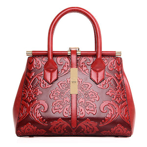 Women High Quality PU Leather Retro Embroidery Handbag Tote Bag Shoulder Bag