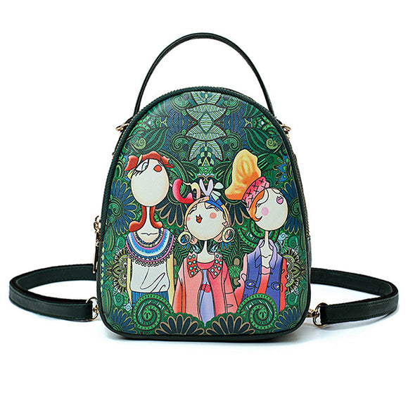 Women Faux Leather Forest Printed Pattern Backpack Shoulder Bag Crossbody Bag