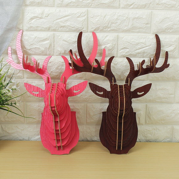 3D Wooden Elk Head Wall Hanging Craft DIY Model Animal Wildlife for Home Decoration