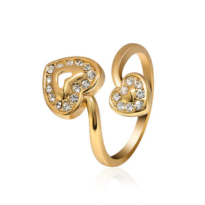 Gold Plated Copper Double Heart Elegant Inlay Zircon Finger Ring Fine Women Jewelry