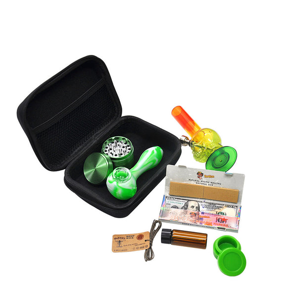 8Pcs/set Portable S moking Pipes Bag Set (Silicone Pipes + Four-layer T obacco Grinders Crusher Box + Glass Bottle + Silicone Oil Box + Acrylic S moking Pipe + Filter Paper+Bag)