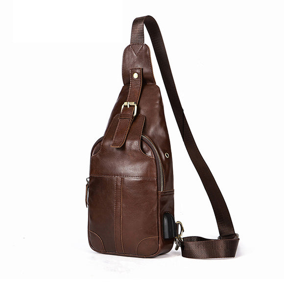 Men Genuine Leather Large Capacity Outdoor Casual Crossbody Bag USB Charging Chest Bag