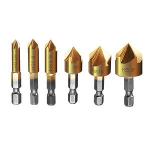 Drillpro 6pcs 6-19mm Countersink Drill Bit 5 Flutes Hex Shank Titanium Coated Chamfer Cutter Set