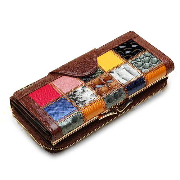 Women Genuine Leather Patchwork Long Wallet Elgant Random Pattern Purse Card Holder