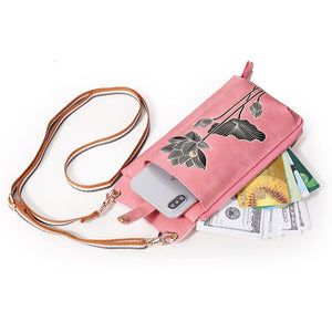 Women National Hand Painted Lotus Phone Bag Multi-function Crossbody Bag