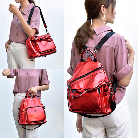 Women Faux Leather Multi-function Backpack Casual Handbag Solid Crossbody Bag Multipurpose Bag