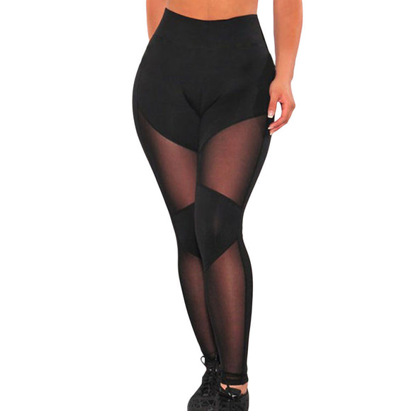 Women Fitness Yoga High-Waisted Leggings Elastic Mesh Tights Black Sexy Push Up Trousers