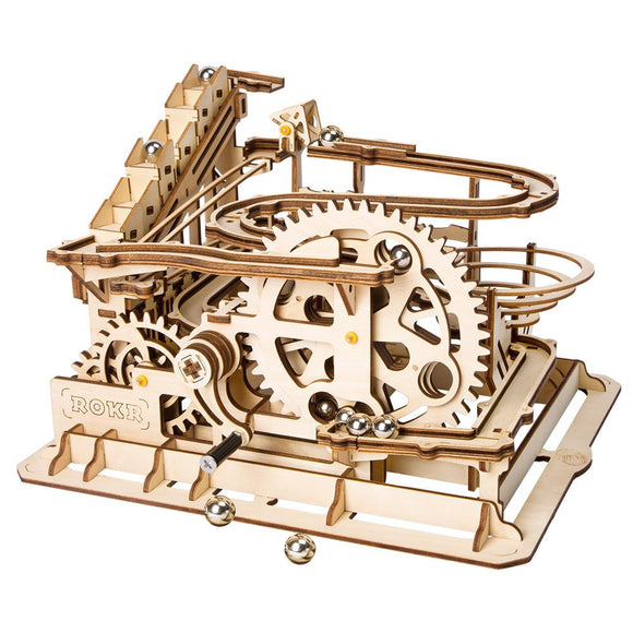 3D Self-Assembly Wooden Marble Run Handcrank Waterwheel Magic Crush Puzzle Building Kits Mechanical Model Gift