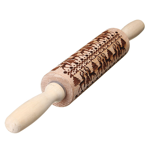 Christmas Elk Print Rolling Pin Engraved Rolling Pin Wooden Embossing Embossed Baking Tools