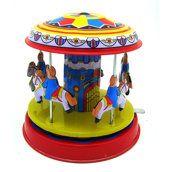 Classic Vintage Clockwork Wind Up  Merry-Go-Round Children Kids Tin Toys With Key