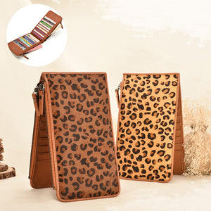 Women Genuine Leather Leopard Print Long Purse Multi-Card Position 20 Card Slots Wallet