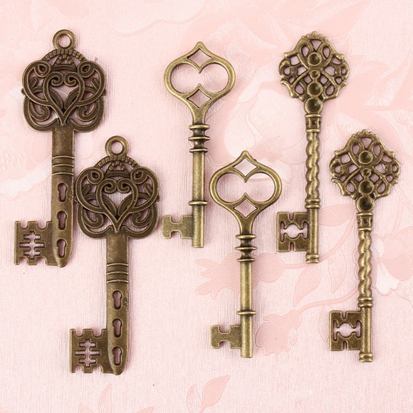 6 Large Skeleton Antique Bronze Keys Pendants Charms Jewelry Findings