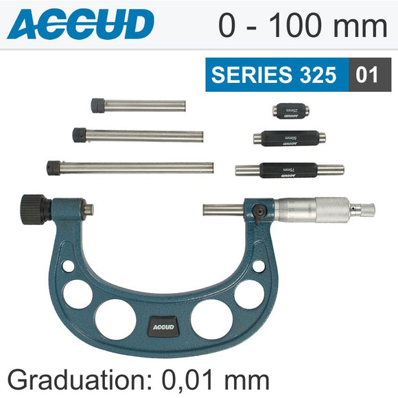 MICROMETER OUTSIDE 0-100MM 0.01 RES. 5MIC ACC RATCHET STOP  INT. ANVIL