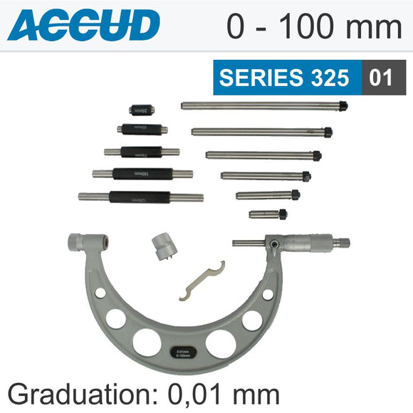 OUTSIDE MICROMETER WITH INTERCHANGEABLE ANVILS 0-150MM