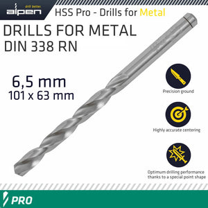 ALPEN PRO HSS 6.5MM DRILL DIN 338 RN 135 SPLIT POINT PLASTIC WALLET