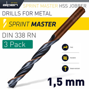 HSS SPRINT MASTER  1.5MM X3 SLEEVED DIN338 ALPEN DRILL BIT