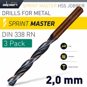 HSS SPRINT MASTER  2.0MM X3 SLEEVED DIN338 ALPEN DRILL BIT