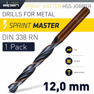 HSS SPRINT MASTER  12.0MM X1 SLEEVED DIN338 ALPEN DRILL BIT