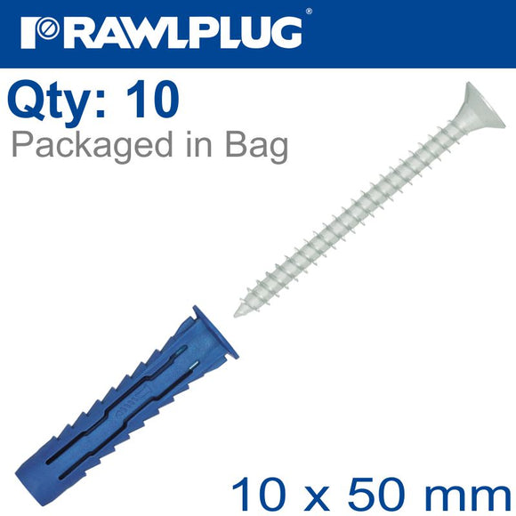 UNIVERSAL NYL PLUG+SCREW 10X50MM X10 -BAG