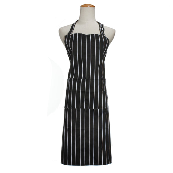 Adult Adjustable Black White Stripe Kitchen Apron Chef Uniforms with 2 Pockets