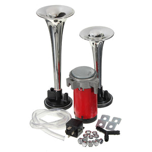 Chrome Loud 12V Twin Trumpet Air Horn Compressor Set Kit Car Boat