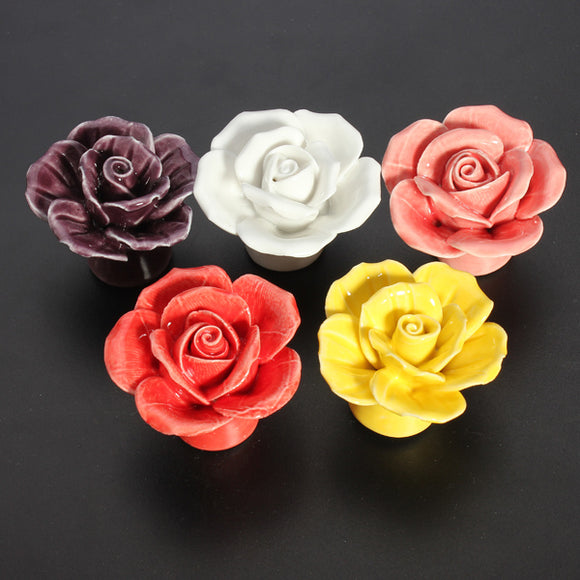 Ceramic Rose Flower Door Knobs Pull Handle