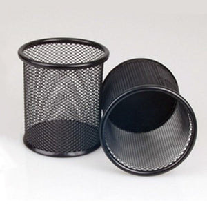 Cylinder Shaped Mesh Style Black Metal Pen Holder