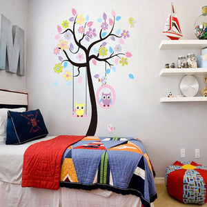 Owls On the Swing Colourful Tree PVC Removable Wallpaper 78AB