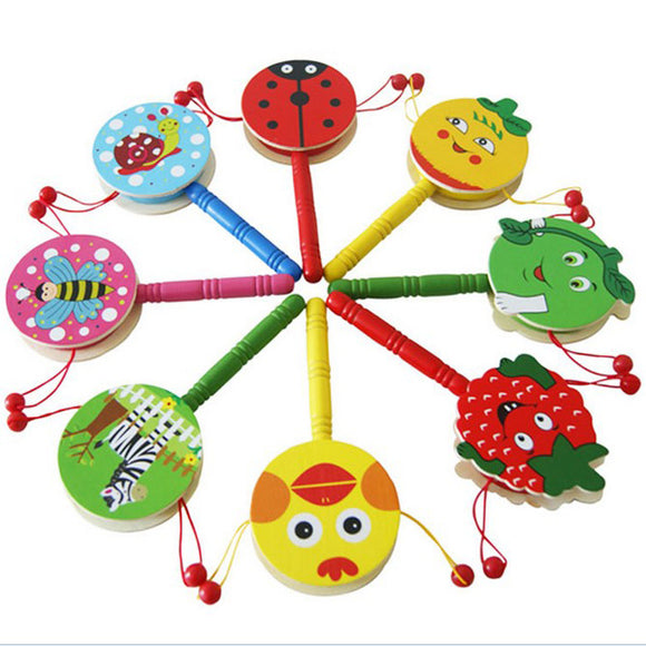 Baby Shaking Rattle Cartoon Wooden Hand Bell Drum Kids Baby Toy