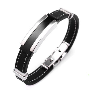 Men Silver Stainless Steel Bangle Bracelet Black Rubber