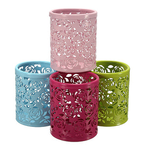 Hollow Rose Flower Pattern Cylinder Pen Pencil Holder Container