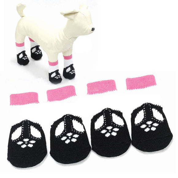 Cat Dog Socks Black Shoes Pattern Anti-Slip Warm Cotton Pet Socks