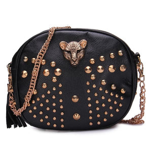 Women Punk Leopard Head Rivets Tassel Small Cross Body Bag